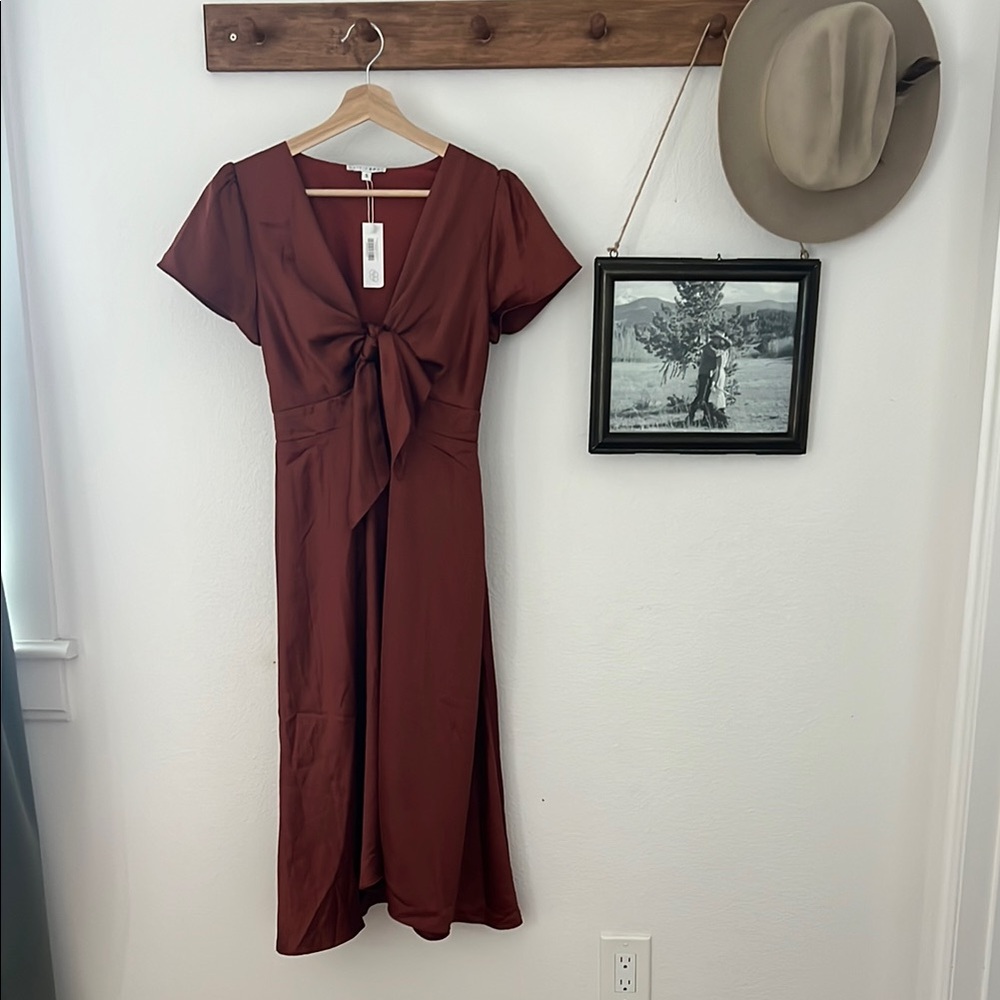 Red Flutter Sleeve Tie Front Midi Satin dress